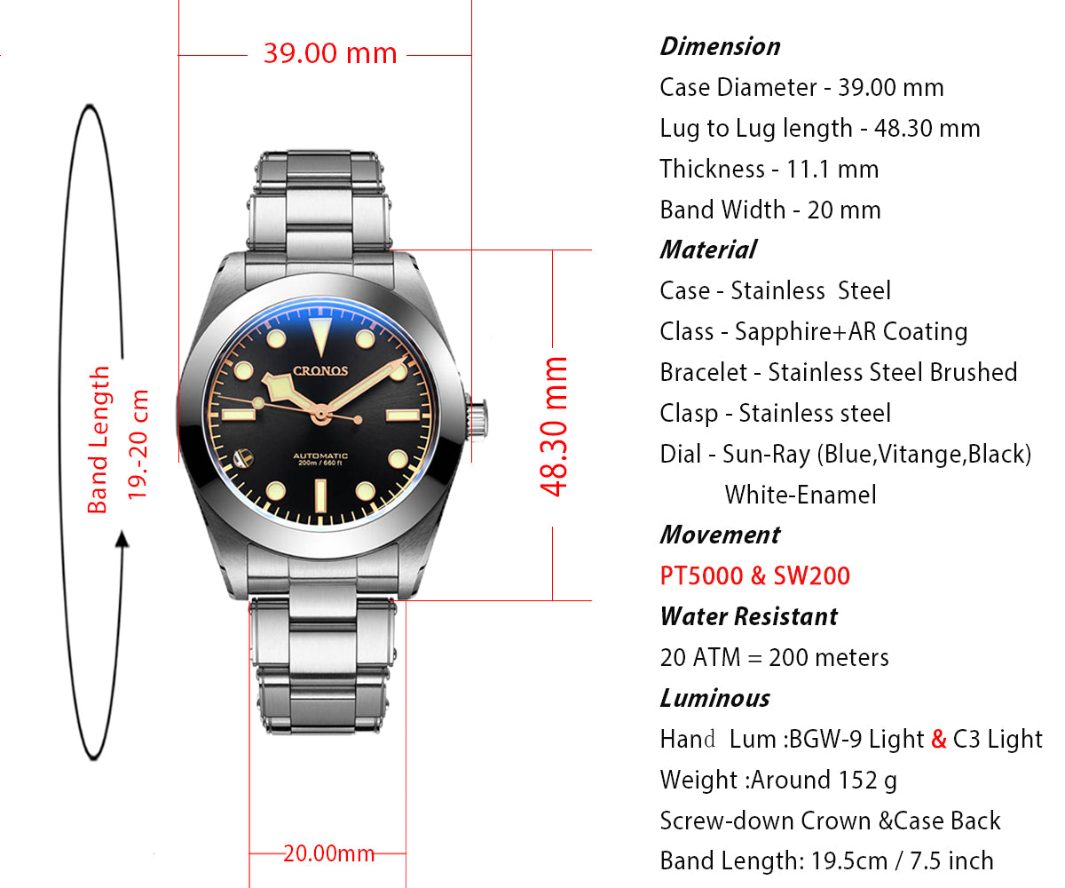 Cronos BB39 PT5000/SW200 Snowflake Automatic Watch L6026-Riveted bracelet