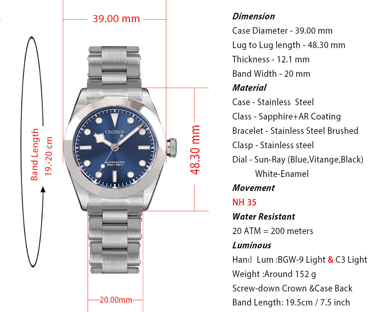 Cronos BB39 NH35 Snowflake Automatic Men Watch L6025-Riveted bracelet