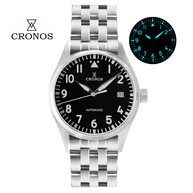 Cronos 39mm Vintage Pilot Mechanical Men Watch 5links Bracelet L6012