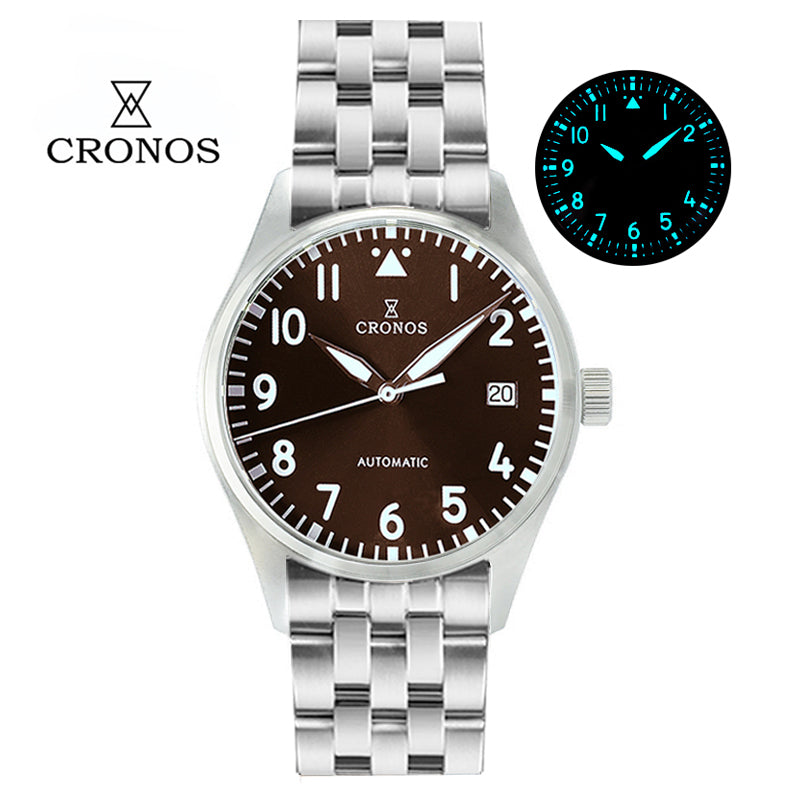 Cronos 39mm Vintage Pilot Mechanical Men Watch 5links Bracelet L6012