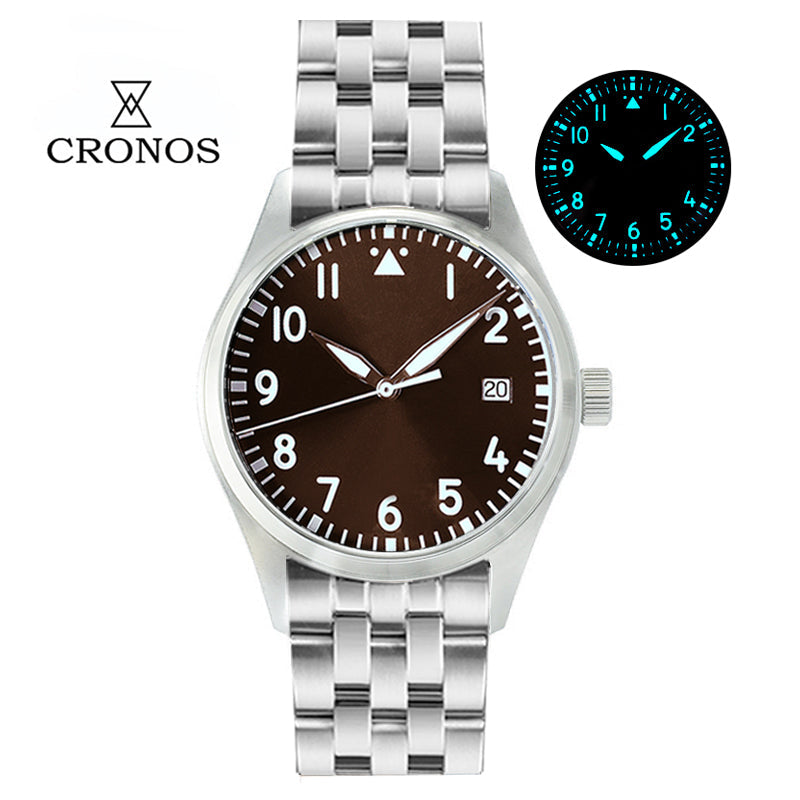 Cronos 39mm Vintage Pilot Mechanical Men Watch 5links Bracelet L6012