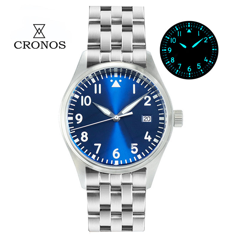 Cronos 39mm Vintage Pilot Mechanical Men Watch 5links Bracelet L6012