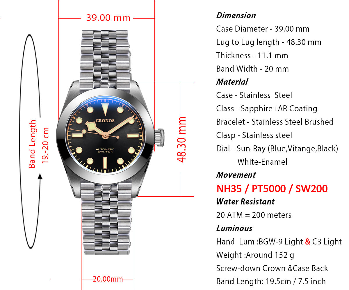 Cronos BB39 PT5000/SW200 Snowflake Automatic Watch L6026-Jubilee Bracelet
