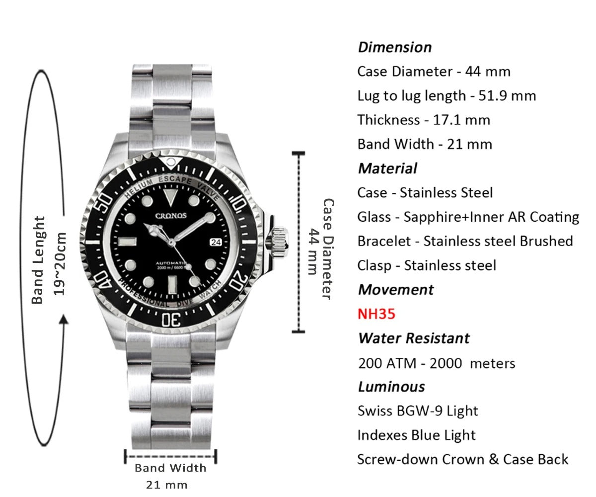 Cronos 44mm Sub Diver Watch L6009 - No Calendar