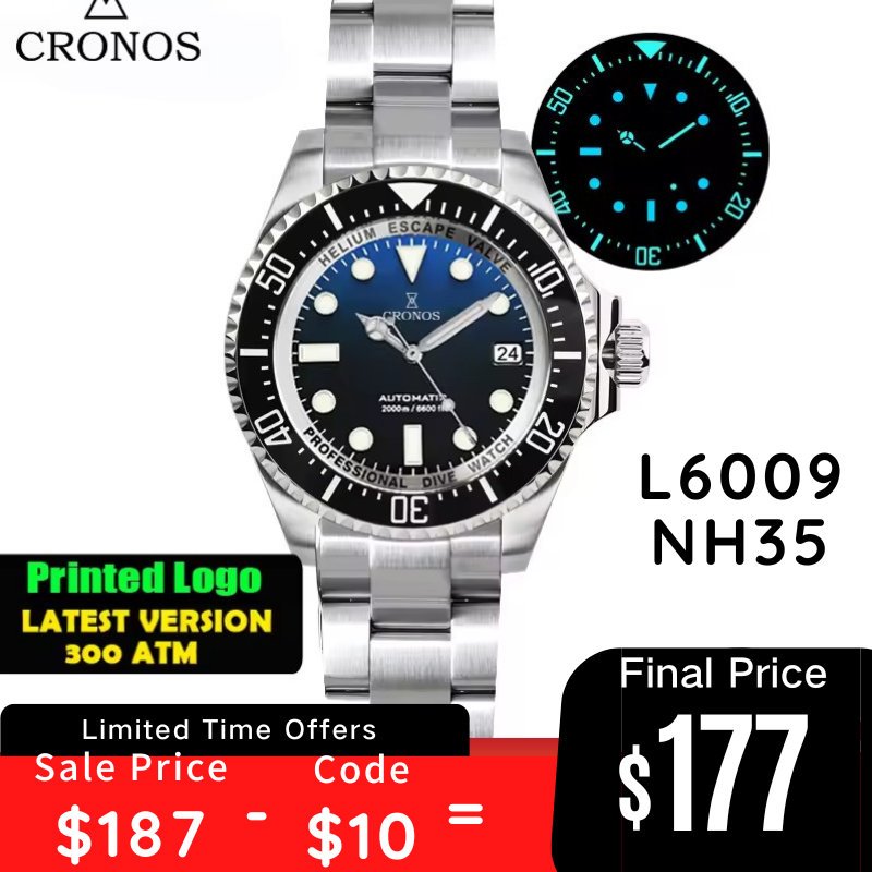Cronos 44mm Sub Diver 2000 Meters Watch L6009M