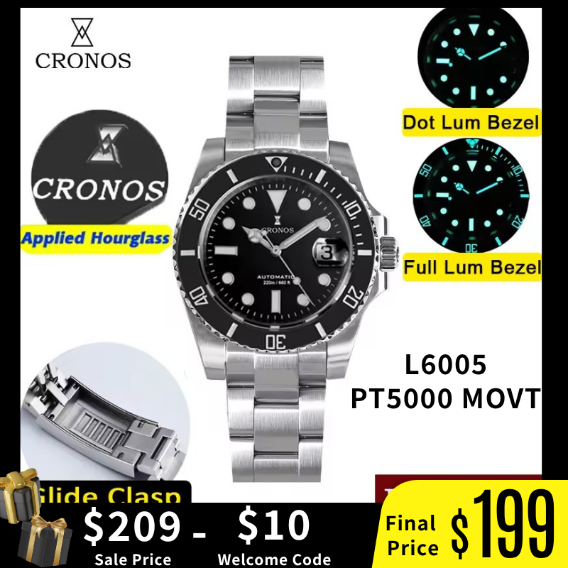 Cronos Water Ghost Luxury Dive Watch PT5000 Movement L6005-with Calendar