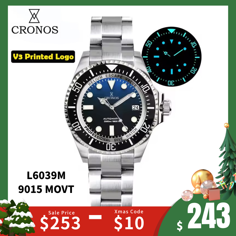 Cronos 44mm Sub Diver Watch 2000 Meters Water Miyota 9015 L6039