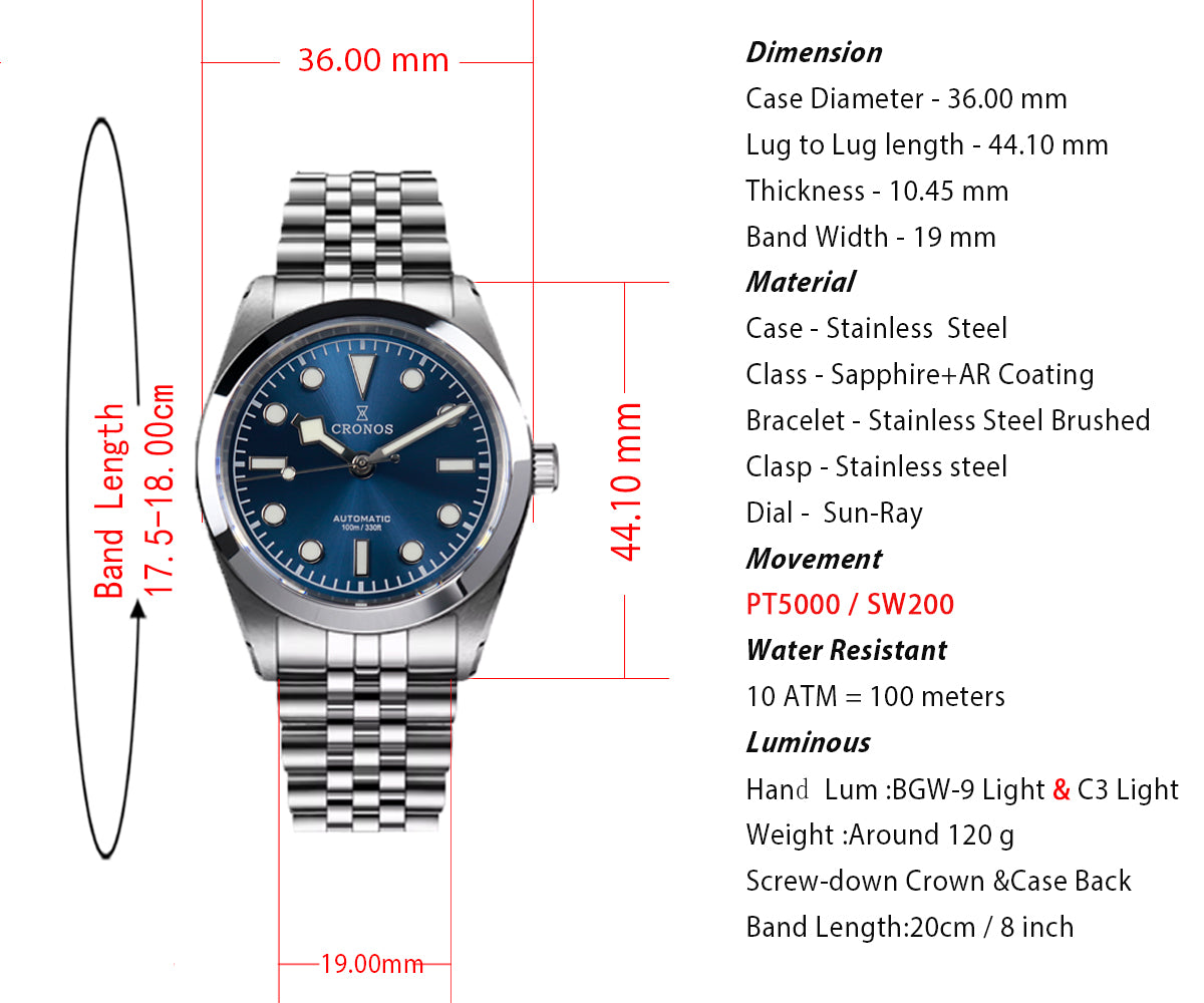 Cronos 36mm Snowflake Automatic Men Watch L6036
