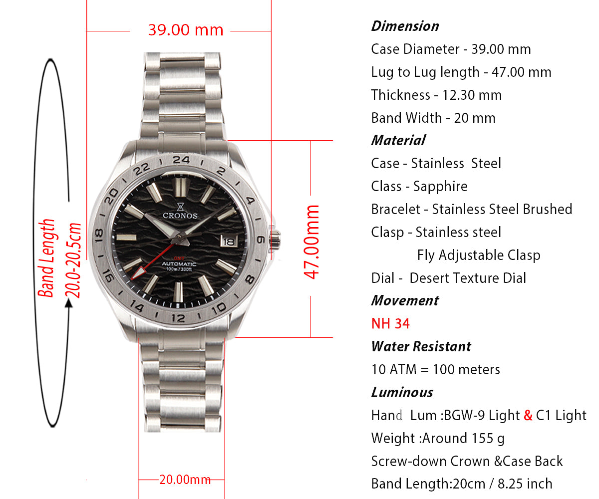 Cronos 39mm GS GMT NH34 Mechanical Men Watch L6029