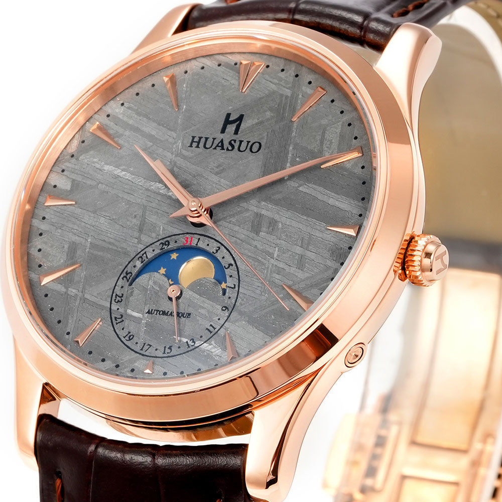 HUASUO Luxury 39mm Meteorite Dial Moon Phase Men's Watches