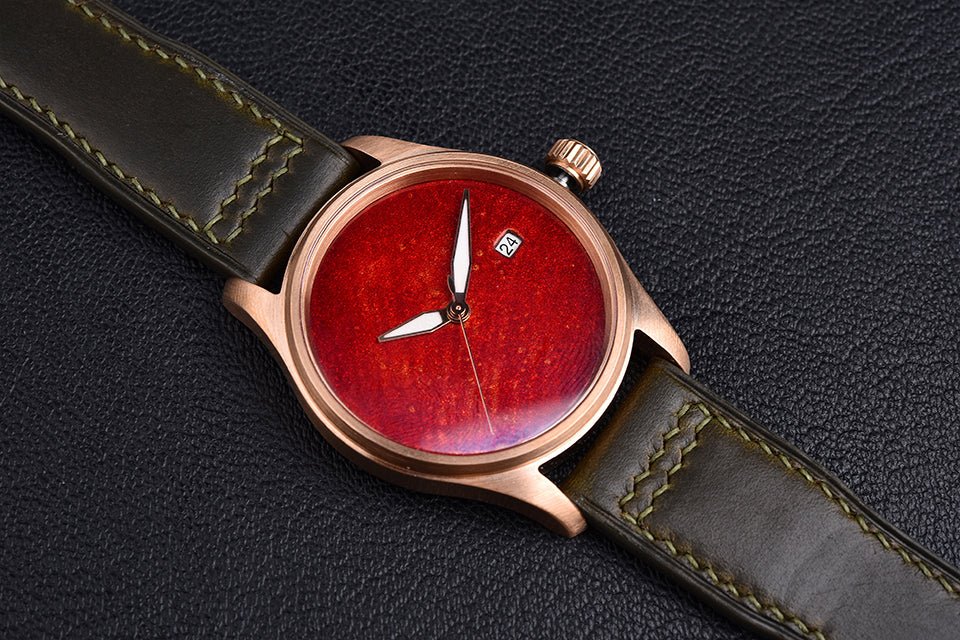 HUASUO 38mm Luxury Bronze Lacquerware Dail Pilot Watch