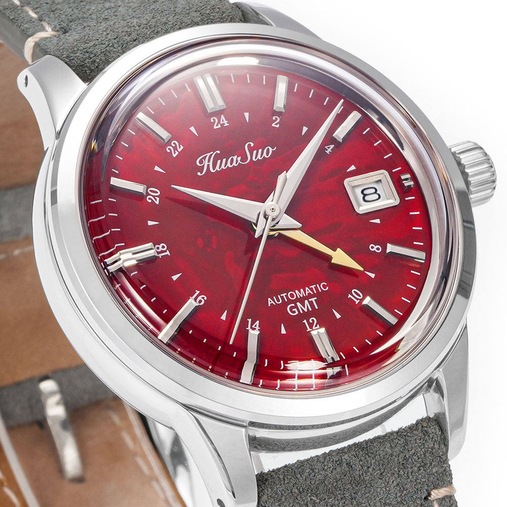HUASUO 39mm Luxury Handmade Lacquer Dial GMT Men's Watch