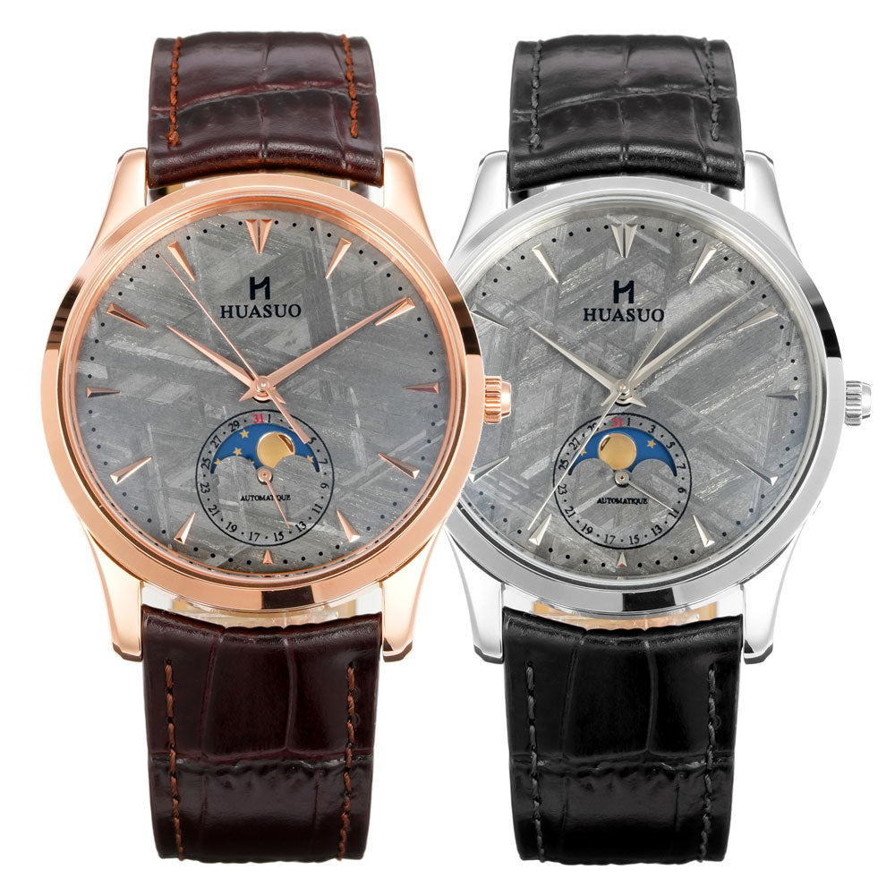 HUASUO Luxury 39mm Meteorite Dial Moon Phase Men's Watches