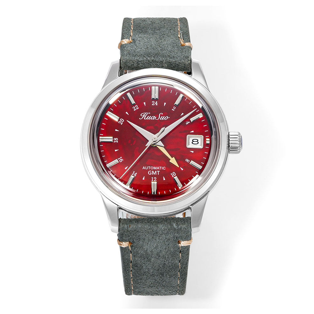 HUASUO 39mm Luxury Handmade Lacquer Dial GMT Men's Watch