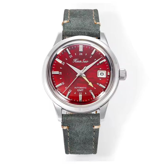 HUASUO 39mm Luxury Handmade Lacquer Dial GMT Men's Watch
