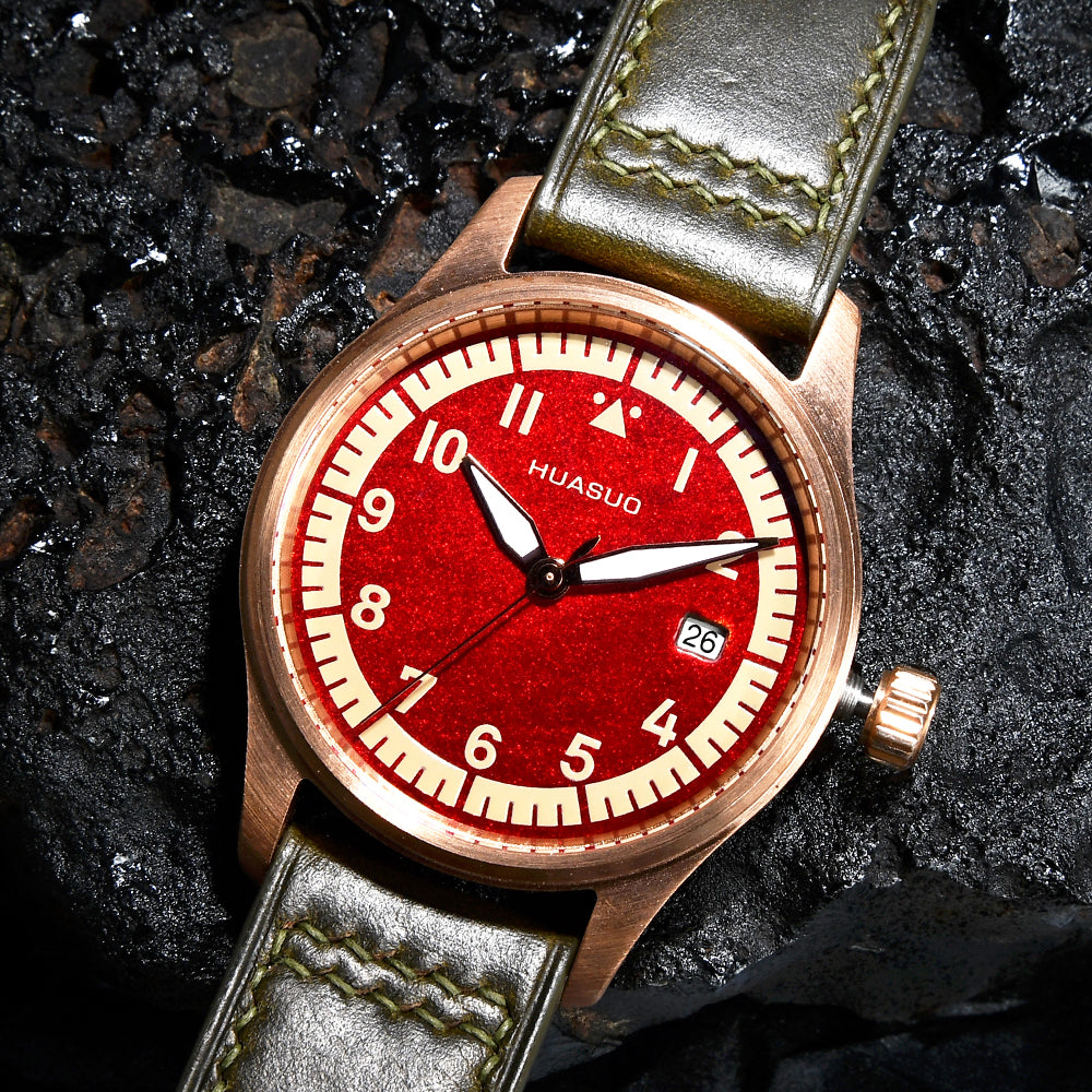 HUASUO 38mm Luxury Bronze Lacquerware Pilot Men's Watch