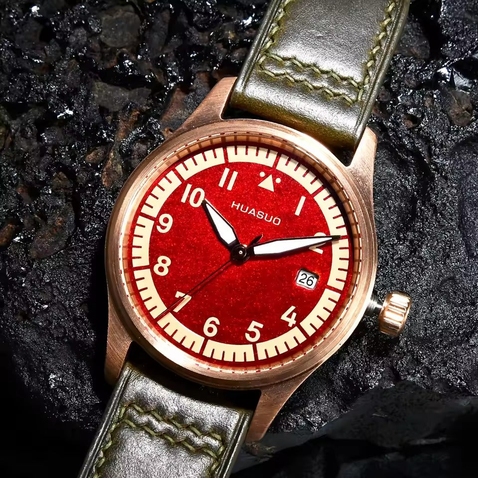 HUASUO 38mm Luxury Bronze Lacquerware Pilot Men's Watch