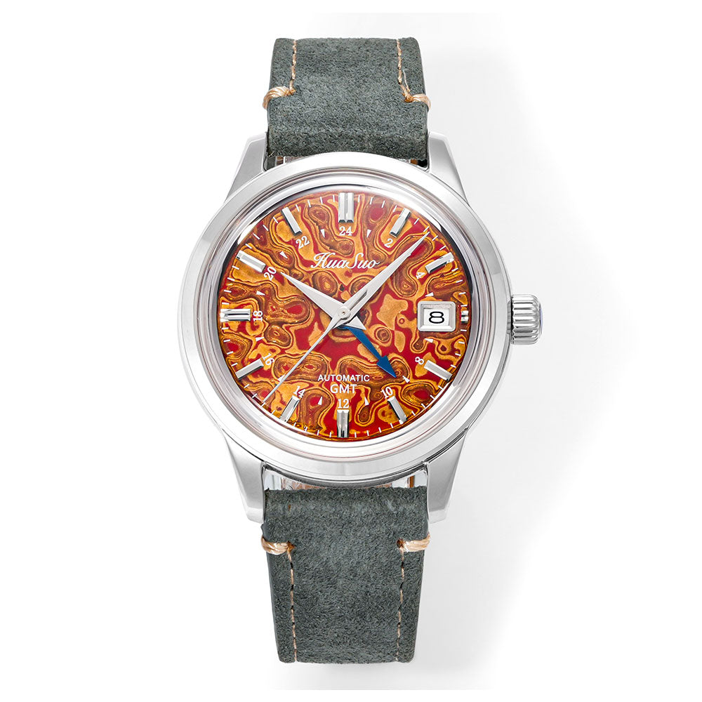 HUASUO 39mm Luxury Handmade Lacquer Dial GMT Men's Watch