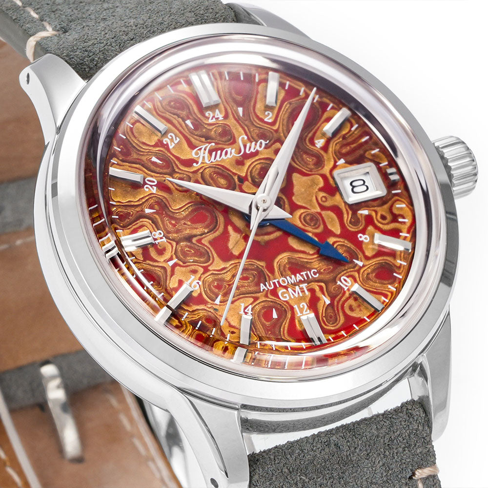HUASUO 39mm Luxury Handmade Lacquer Dial GMT Men's Watch