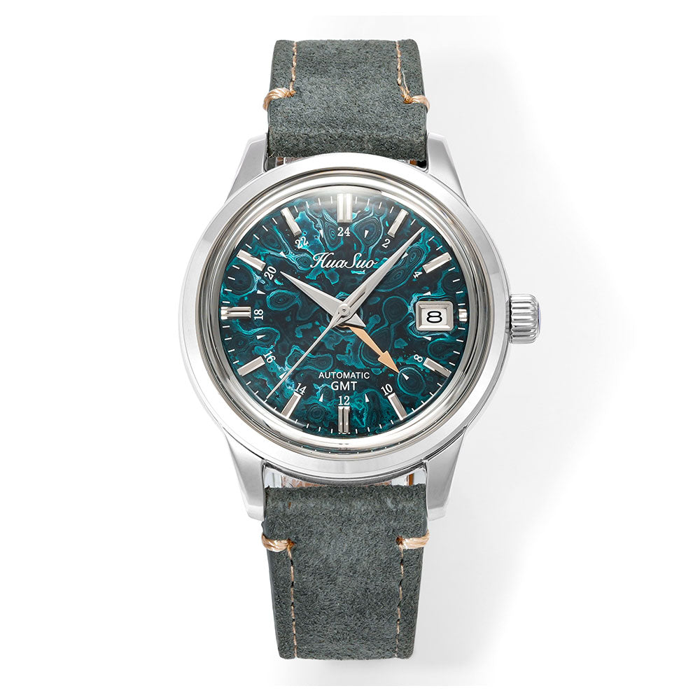HUASUO 39mm Luxury Handmade Lacquer Dial GMT Men's Watch