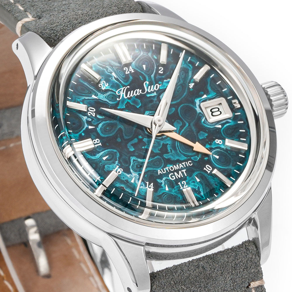 HUASUO 39mm Luxury Handmade Lacquer Dial GMT Men's Watch
