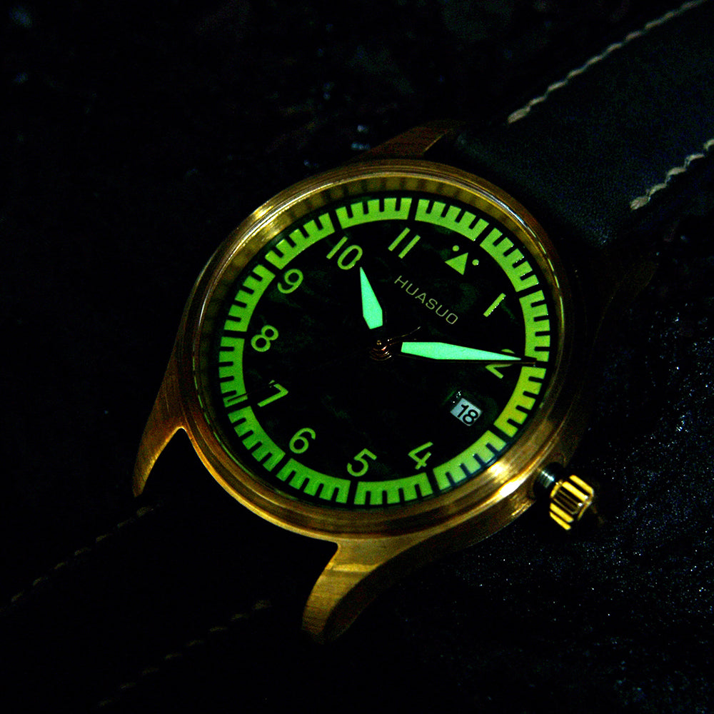 HUASUO 38mm Luxury Bronze Lacquerware Pilot Men's Watch