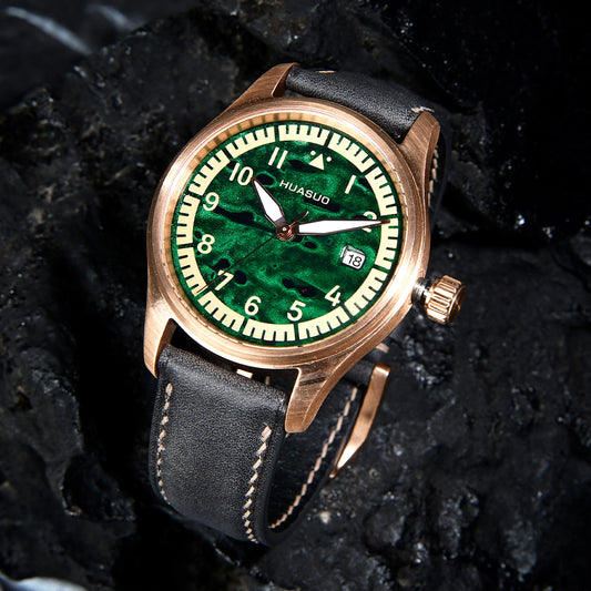 HUASUO 38mm Luxury Bronze Lacquerware Pilot Men's Watch