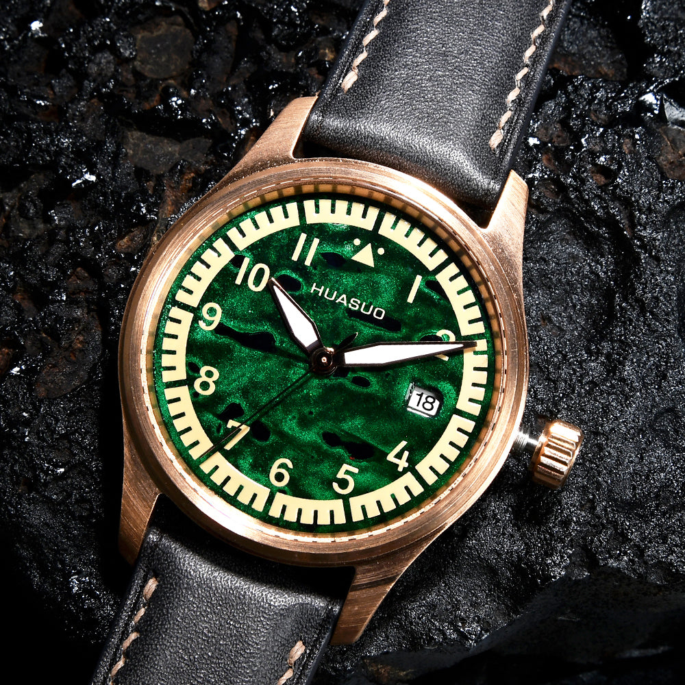 HUASUO 38mm Luxury Bronze Lacquerware Pilot Men's Watch