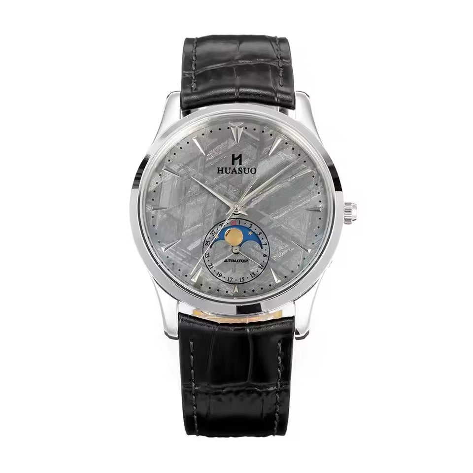 HUASUO Luxury 39mm Meteorite Dial Moon Phase Men's Watches