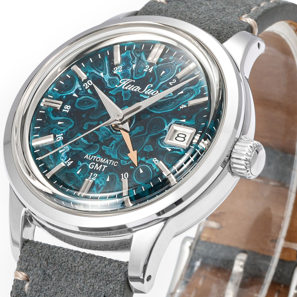 HUASUO 39mm Luxury Handmade Lacquer Dial GMT Men's Watch