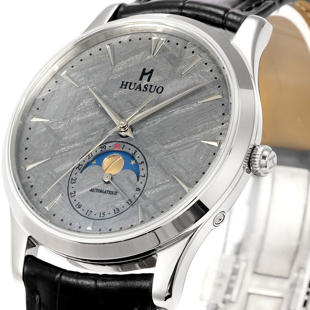 HUASUO Luxury 39mm Meteorite Dial Moon Phase Men's Watches