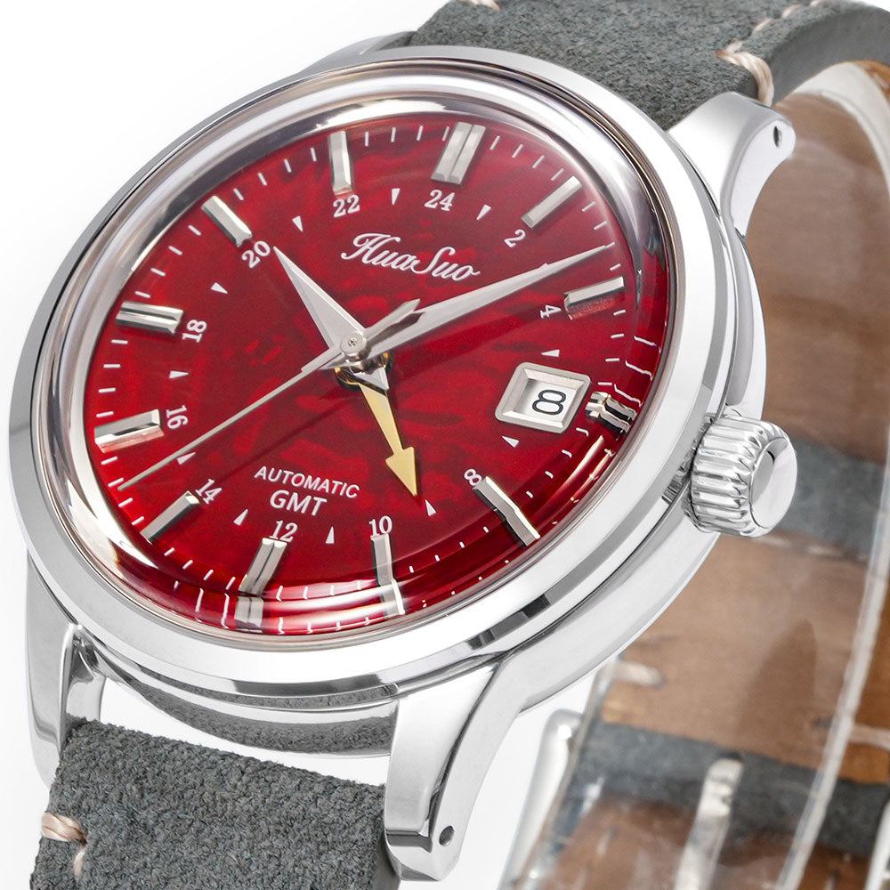 HUASUO 39mm Luxury Handmade Lacquer Dial GMT Men's Watch