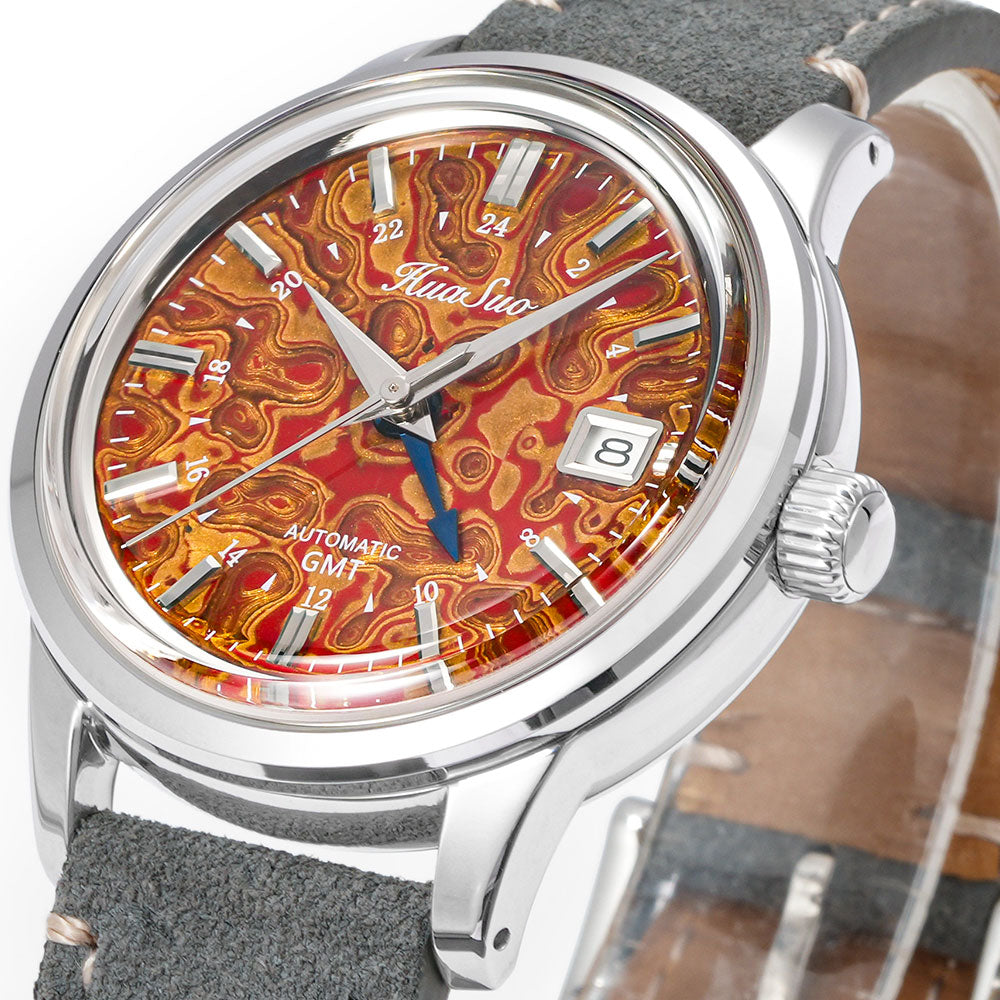 HUASUO 39mm Luxury Handmade Lacquer Dial GMT Men's Watch