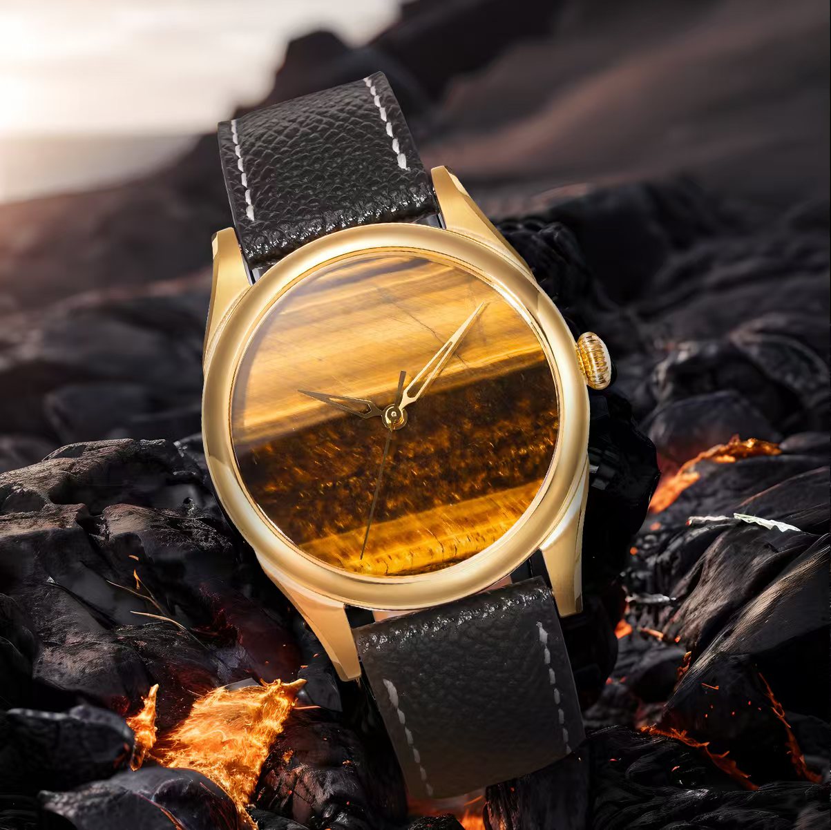 HUASUO New 38mm Business Men Watch Tiger Eye Stone Dial Watch