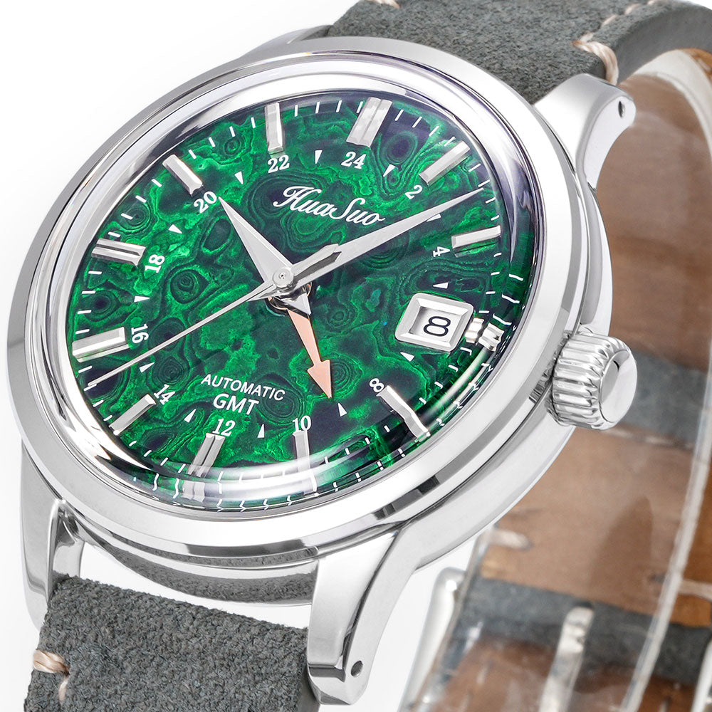 HUASUO 39mm Luxury Handmade Lacquer Dial GMT Men's Watch