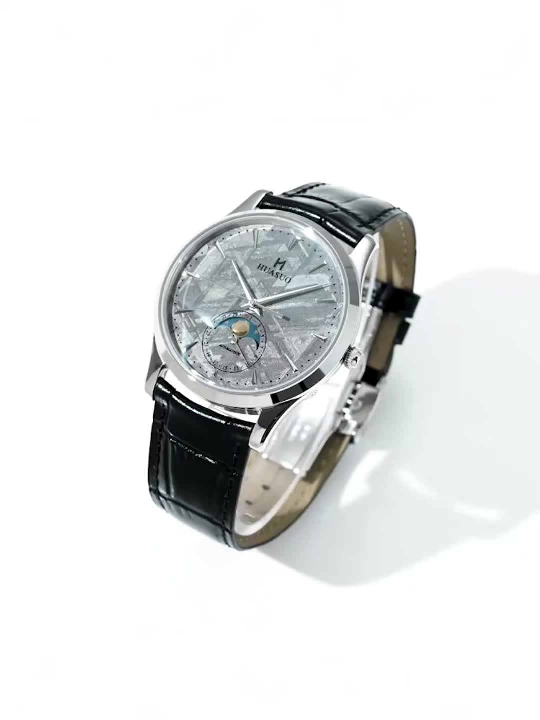HUASUO Luxury 39mm Meteorite Dial Moon Phase Men's Watches