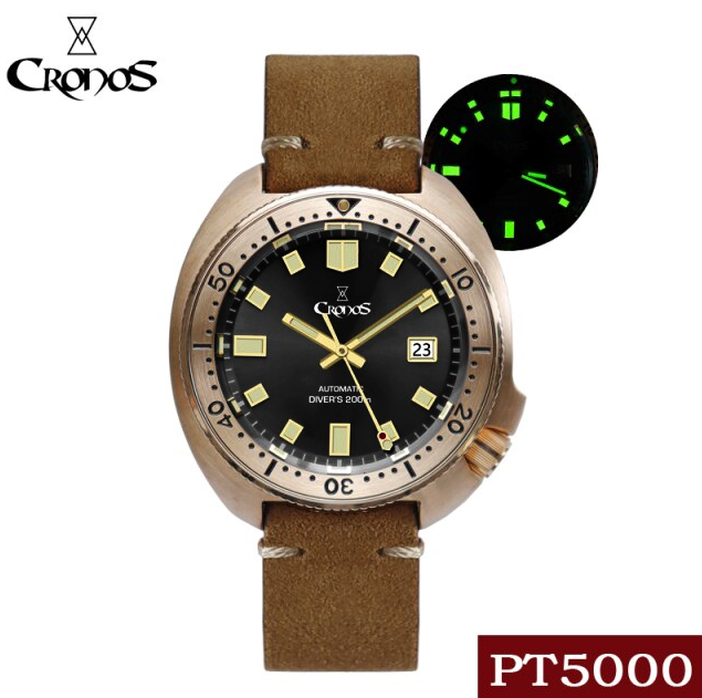 Cronos Turtle Men Bronze Automatic PT5000 and SW200 Crystal Watch L6006