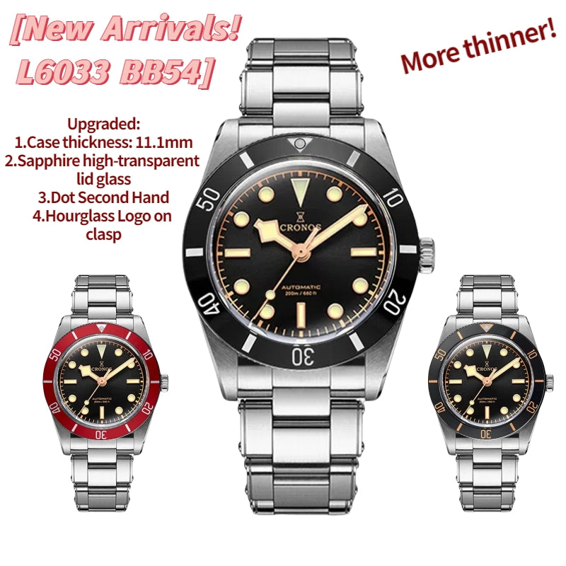 ★★US Warehouse★★Cronos 37mm BB54 Vintage Diver Automatic Watches L6033-lid sapphire glass