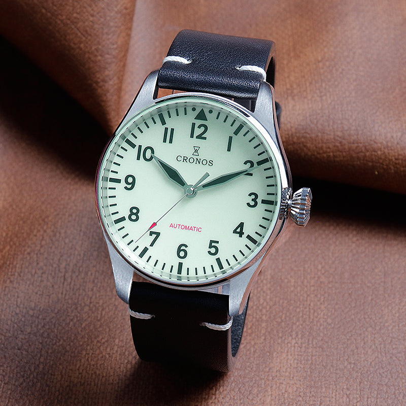 Cronos Pilot Flieger Mechanical  Leather Strap L6001