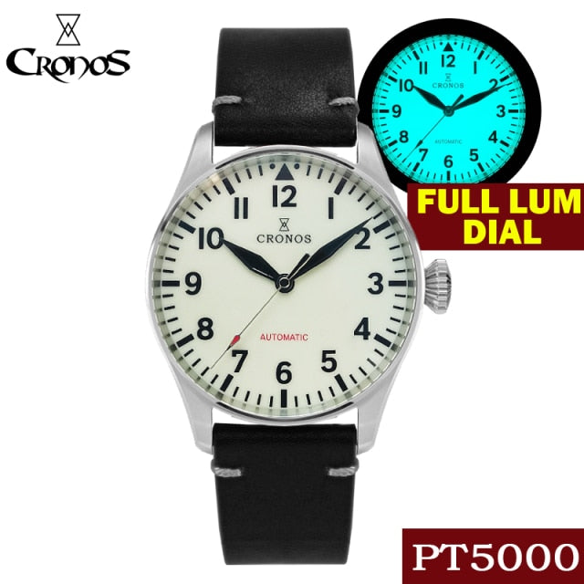 Cronos Pilot Flieger Mechanical  Leather Strap L6001