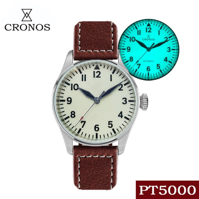 Cronos Pilot Flieger Mechanical  Leather Strap L6001