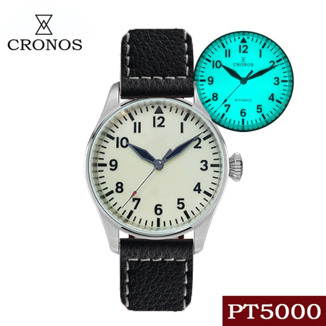 Cronos Pilot Flieger Mechanical  Leather Strap L6001