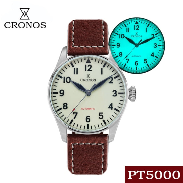 Cronos Pilot Flieger Mechanical  Leather Strap L6001