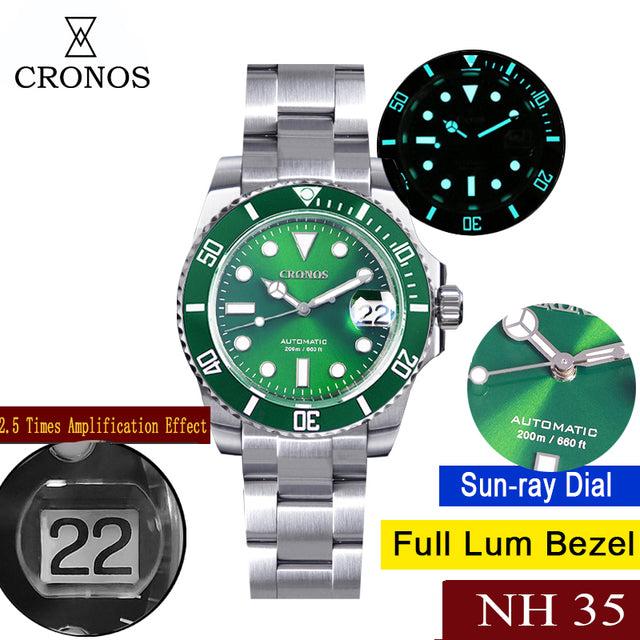 Cronos 2.5x Water Ghost NH35 Dive Watch L6015 with Calendar