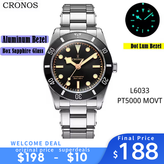 Cronos 37mm BB54 Vintage Diver Automatic Watches L6033-lid sapphire glass