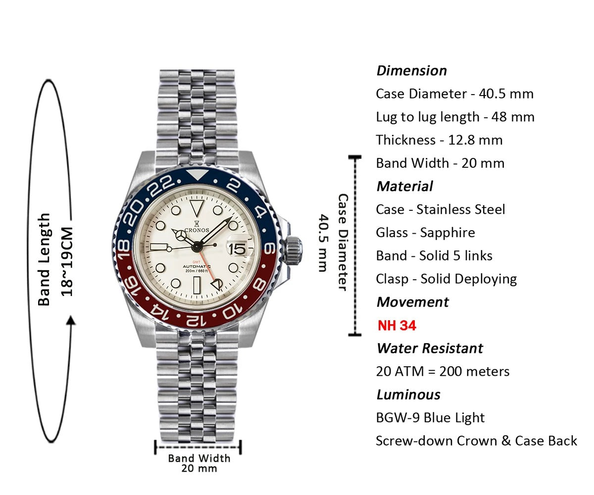 Cronos NH34 GMT Automatic Men Watch L6020M-White dial