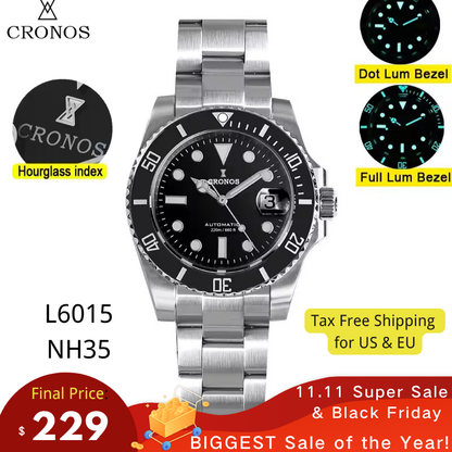 🔥11.11&Black Friday🔥Cronos 2.5x Sub Diver NH35 Dive Watch L6015 with Calendar
