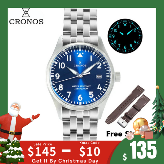 ★Xmas Sale★Cronos 39mm Vintage Pilot Mechanical Men Watch 5links Bracelet L6012