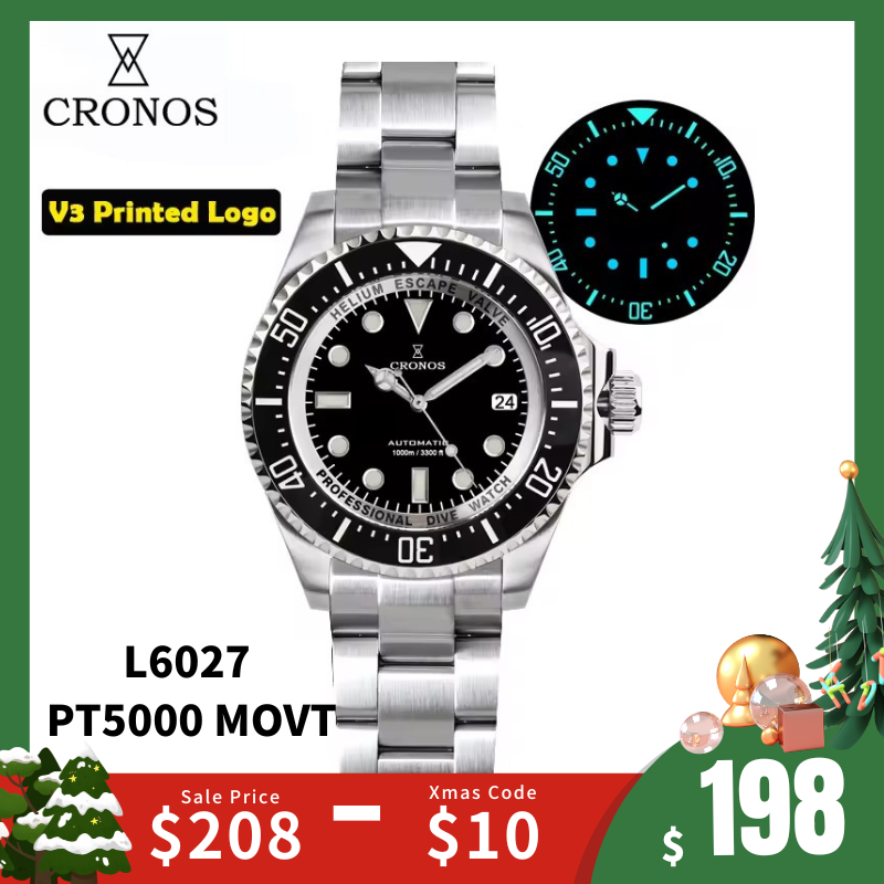Cronos 44mm Sub Diver Watch PT/SW Movement L6027