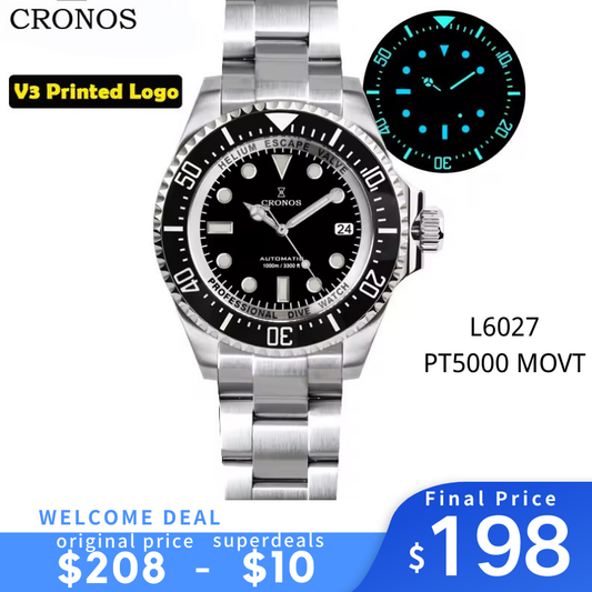 Cronos 44mm Sub Diver Watch PT/SW Movement L6027